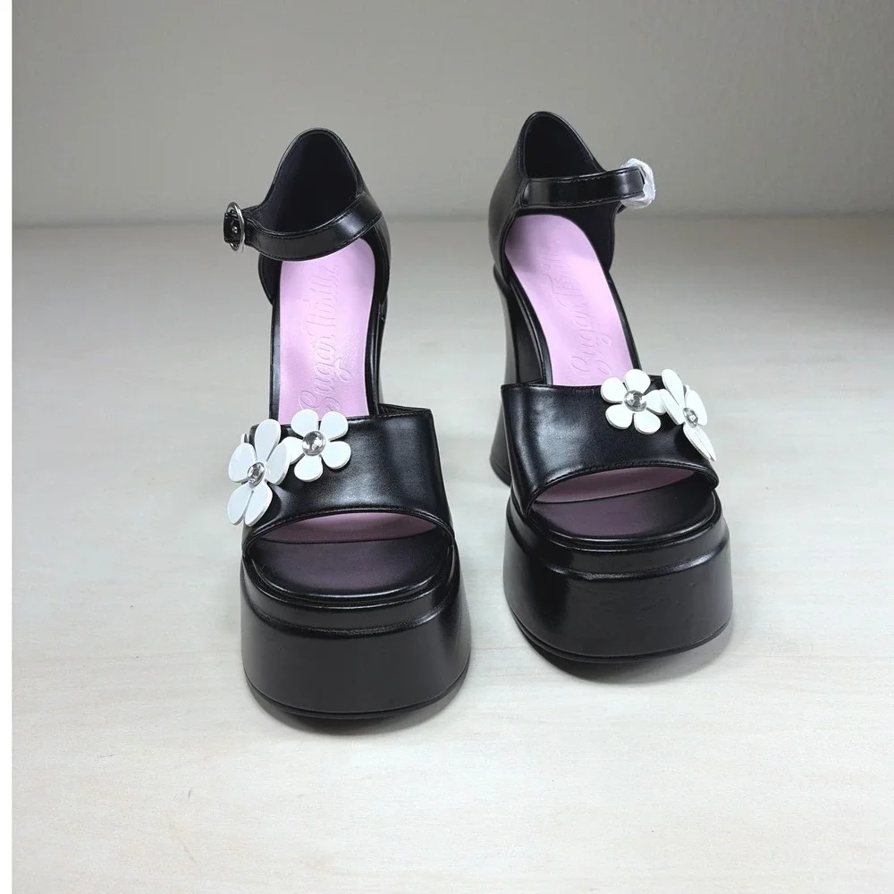 Sugar Thrillz Black Daisy Platform Sandals Chunky Heel Y2K Dollcore Floral size7